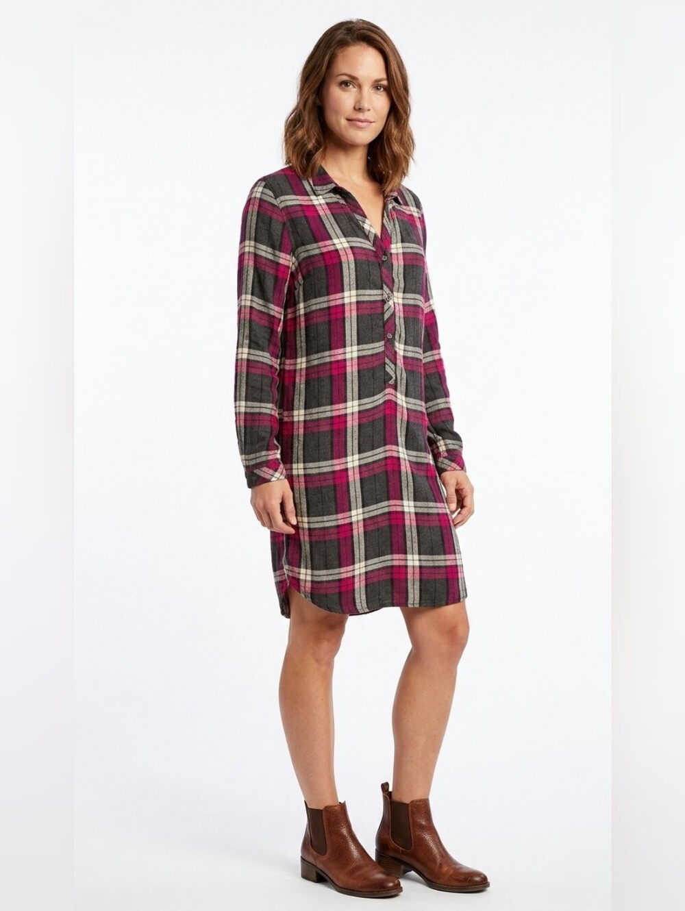 BELLA DAHL Red Black Plaid Long Sleeve Tunic Dress Preppy Fall Cozy Size Small